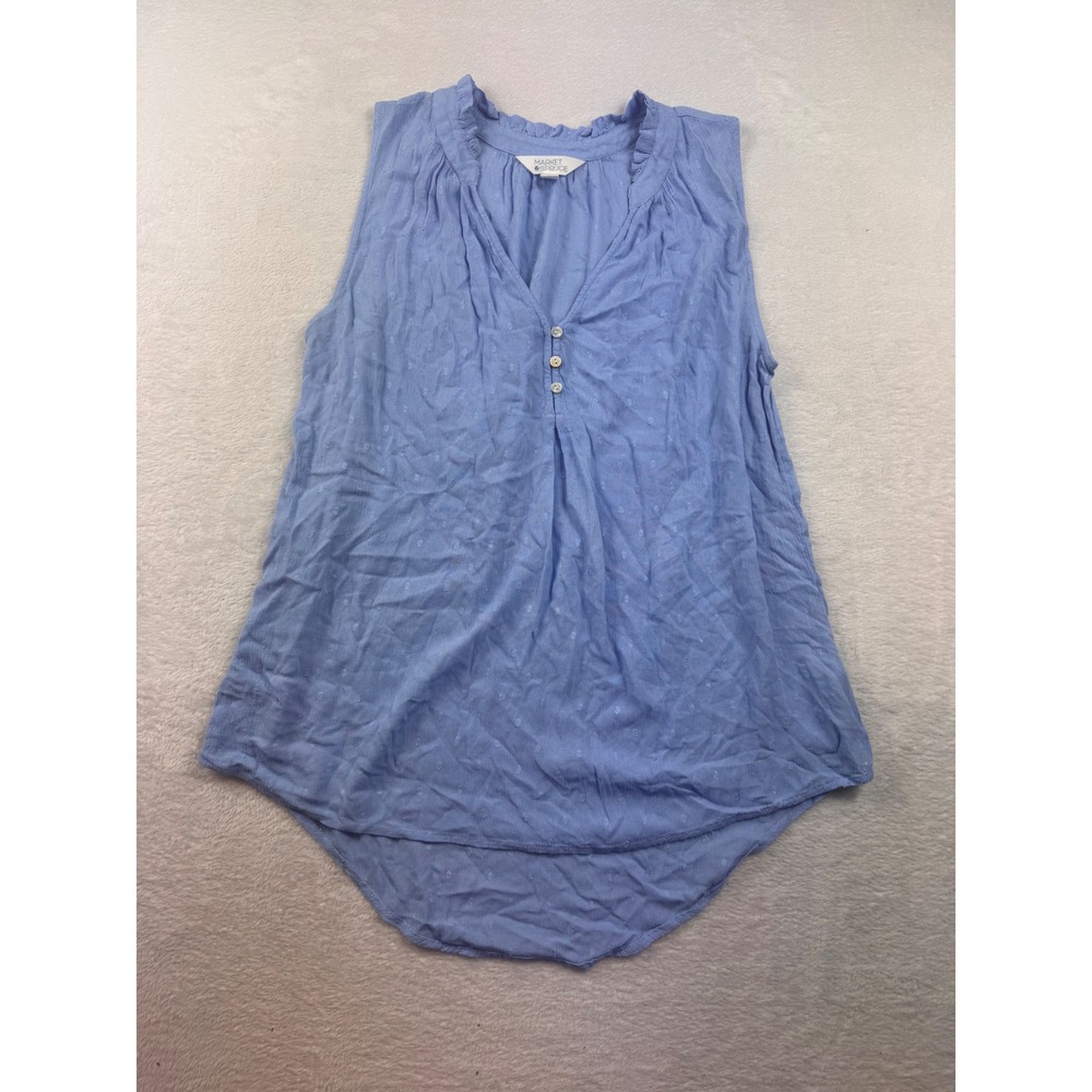 Market & Spruce Blue Swiss Dot Sleeveless Ruffle Neck Blouse Small WGW10942